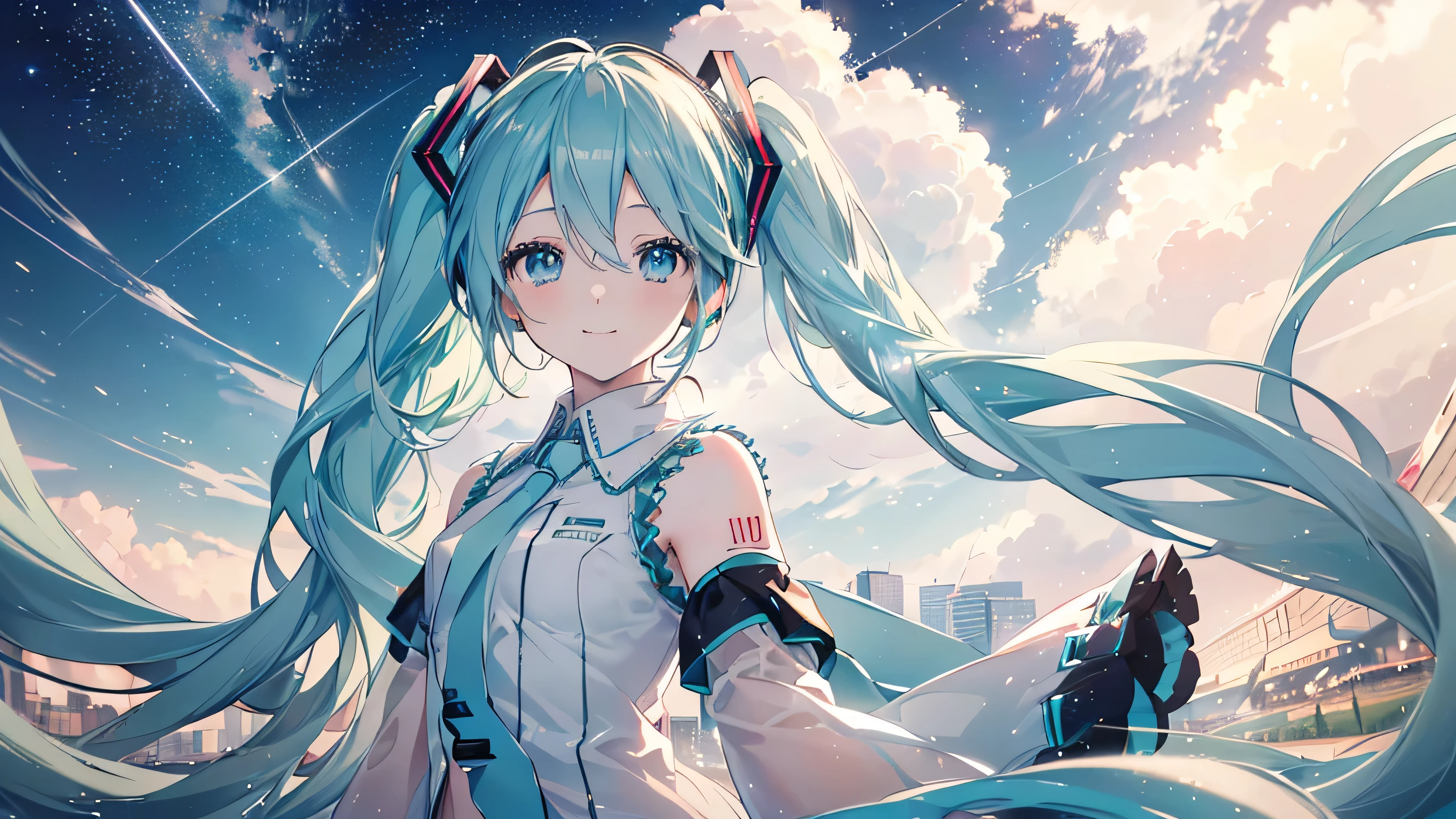 (Starry Sky), ((Beautiful eyes)), (((Hatsune Miku,The best smile))), (((Highest quality、masterpiece、Ultra-fine、Ultra-fine、Exquisite、16K、Full HD,))) 、Long eyelashes、White skin、(thin and long)、 ((cute)) ((One person)),Zoom out