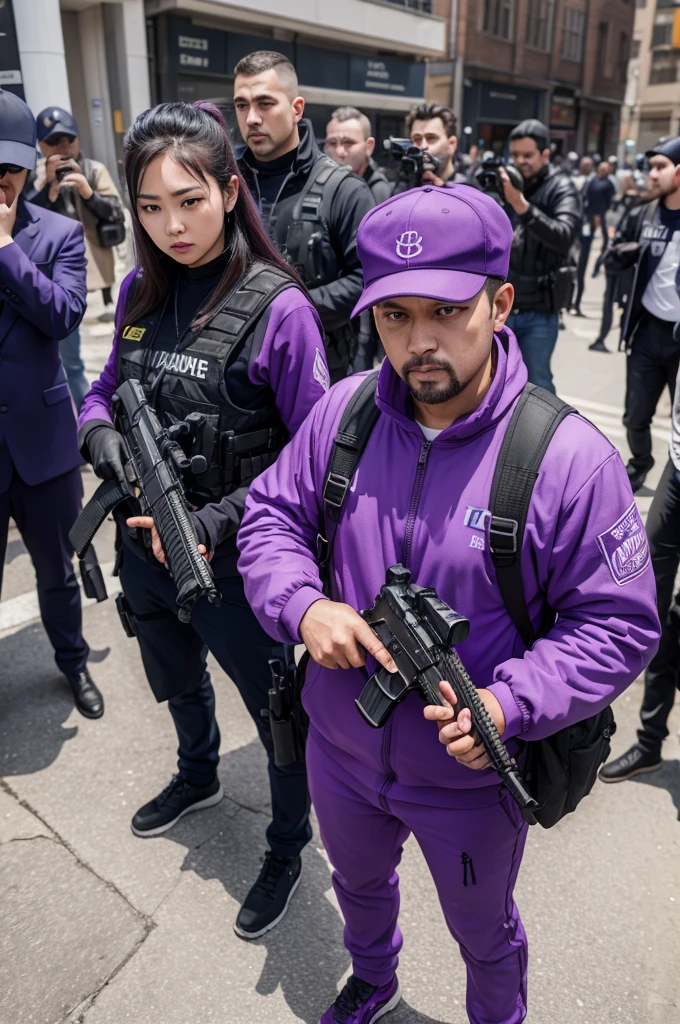there are many people standing and sitting on a platform, wearing bandana masks, portrait of a purple gang, chillin at the hood together,