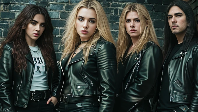 a group of young girls, in leather jacket and black clothing, with long blonde hair, close up, standing in front of a wall, dream theater, new wave british heavy metal, doom metal, heavy rock band promo photo, heavy metal band promo, sotn, sf, u. h. d, infernal, dramatic art,  remastering, pentagram, apocalypse, print ready, slayer, a bald head, promotional image