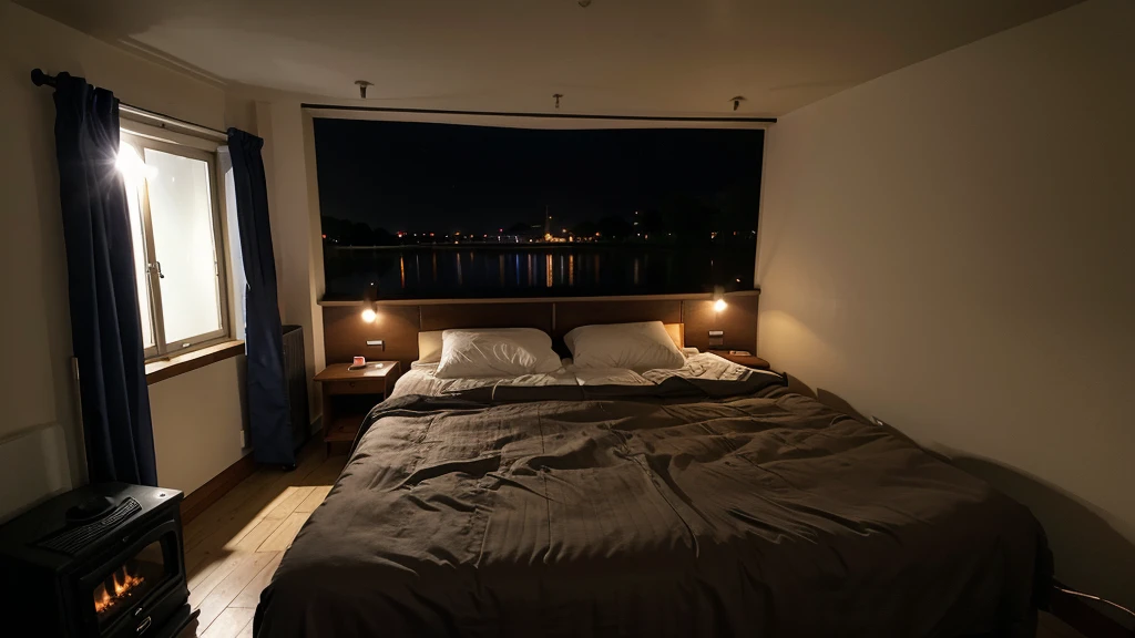 The bedroom next to the canal has a stove. In the middle of the night, it's raining.