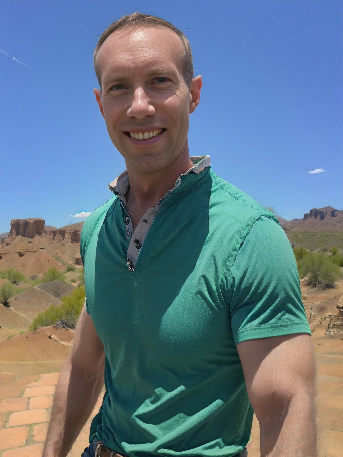 a man looking to side smiling Todder8, todder1, cowboy shirt horseback riding in desert blue sky bright sun