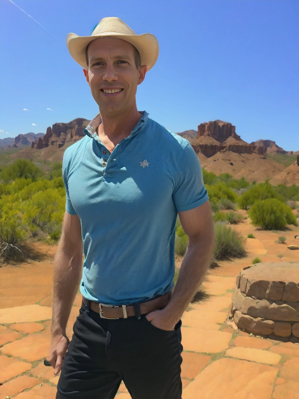 a man looking to side smiling Todder8, todder1, cowboy shirt horseback riding in desert blue sky bright sun