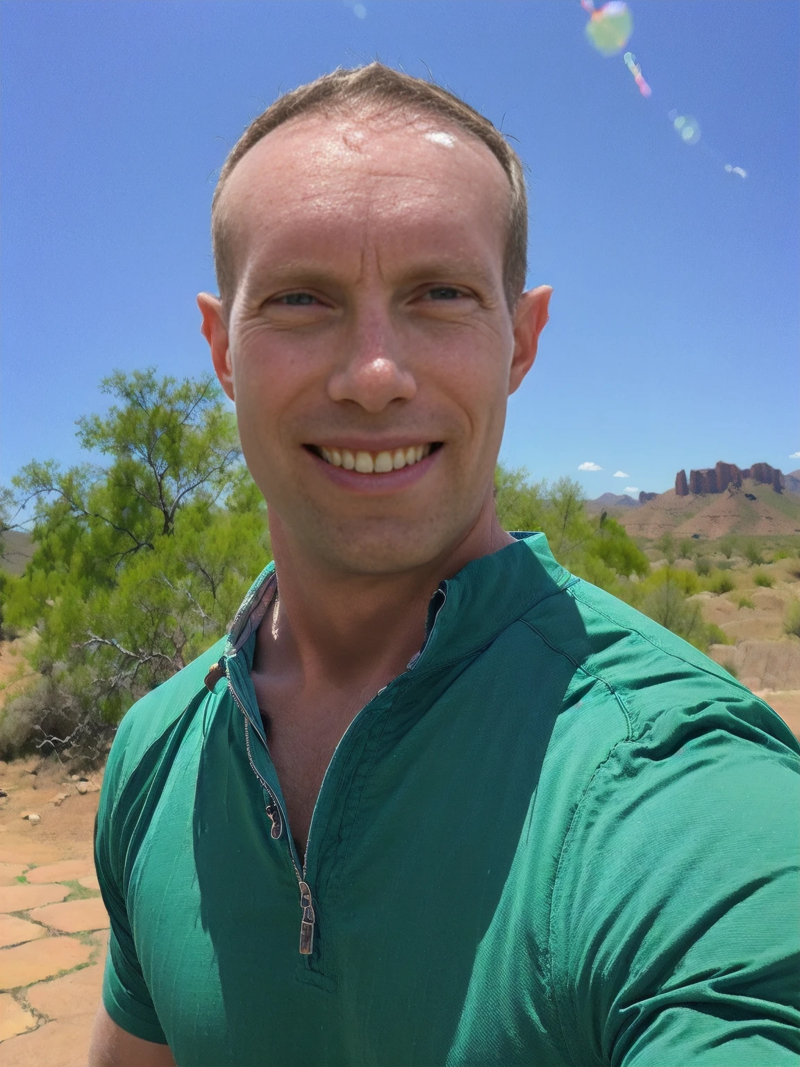 a man looking to side smiling Todder8, todder1, cowboy shirt horseback riding in desert blue sky bright sun