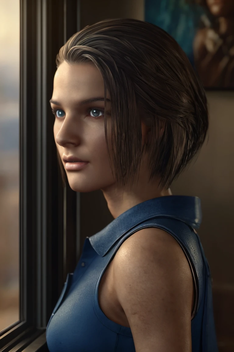 a masterpiece portrait of jill valentine from re3 remake, beautiful detailed blue eyes, detailed brown hair in long bob hairstyle, oval face, woman sitting on a bed looking out the window of a city, dirt stains, (best quality,4k,8k,highres,masterpiece:1.2),ultra-detailed,(realistic,photorealistic,photo-realistic:1.37),HDR,UHD,studio lighting,ultra-fine painting,sharp focus,physically-based rendering,extreme detail description,professional,vivid colors,bokeh