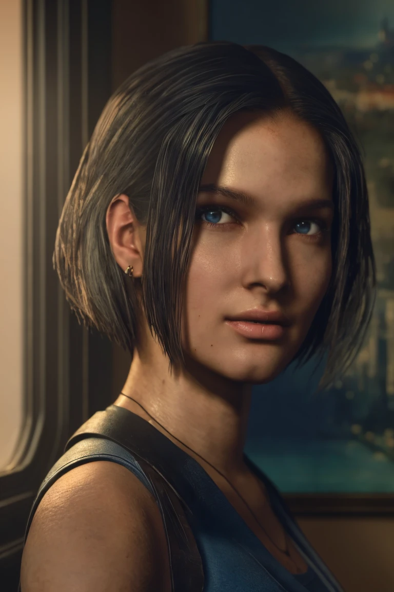 a masterpiece portrait of jill valentine from re3 remake, beautiful detailed blue eyes, detailed brown hair in long bob hairstyle, oval face, woman sitting on a bed looking out the window of a city, dirt stains, (best quality,4k,8k,highres,masterpiece:1.2),ultra-detailed,(realistic,photorealistic,photo-realistic:1.37),HDR,UHD,studio lighting,ultra-fine painting,sharp focus,physically-based rendering,extreme detail description,professional,vivid colors,bokeh