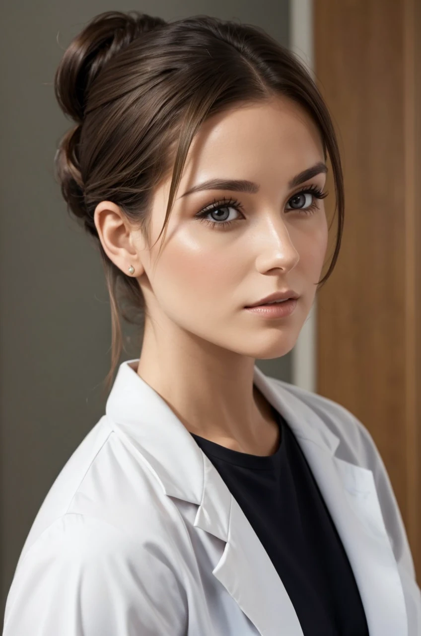 30 year old woman with brunette hair, wearing formal wear.