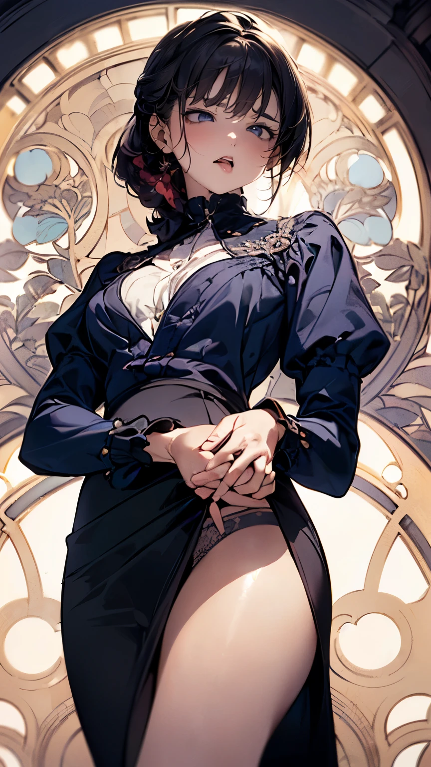 (((round face))), drooping eyes, shame, a young housewife, (focus on her mouth, ecstasy face, lewd girl, casual clothes, unbuttoned-shirt, tiny-mesh-panties in her long-skirt), (((masturbating while she is touching her body by herself, tongue))), braid, (((art nouveau))), angle from below,