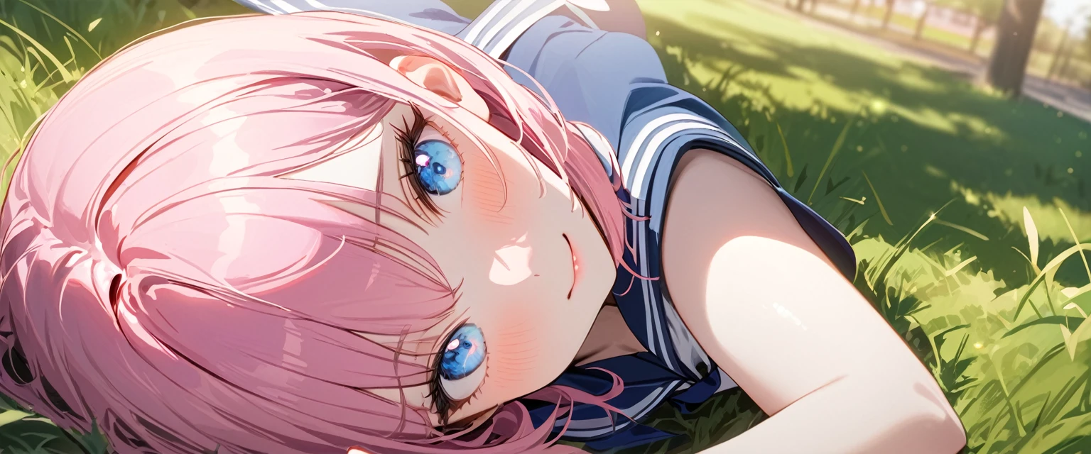 (Fit Body:1.1),(glistening skin:1.1),(pale skin:1.1),(Best Picture Quality, 8K, Masterpiece:1.3),(high school student:1.5), (pink medium hair), (bob cut), (slant skyblue eyes), (bright park Setting), Professional Lighting, Very Detailed Skin And Hair, (Lying In grass), (serafuku:1.3), beguiling expression, (super clear:1.5),light pigmented