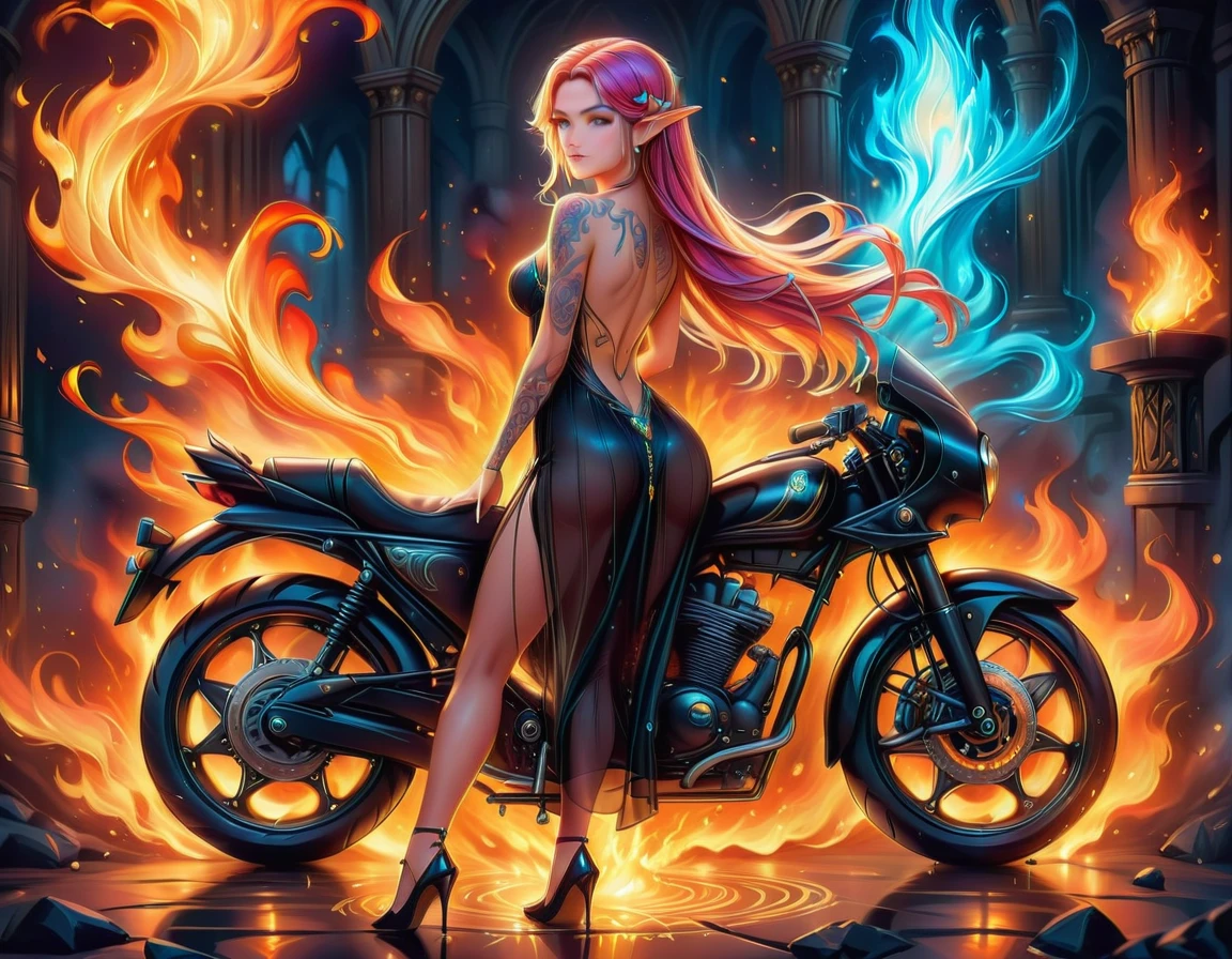 Arafed, Dark fantasy art, fantasy art, goth art, a picture of a of a tattooed female elf near her motorcycle (masterwork, best detailed, ultra detail: 1.5) the tattoo is vivid, intricate detailed coming to life from the ink to real life, GlowingRunesAI_paleblue, ((fire surrounds the motorcycle: 1.5)), ultra feminine, ((beautiful delicate face)), Ultra Detailed Face, small pointed ears, dynamic angle, ((the back is visible: 1.3), she wears a transparent black dress, the dress is elegant, flowing, elven style, that the tattoos glow, dynamic hair color, dynamic hair style, high details, best quality, 16k, [ultra detailed], masterpiece, best quality, (extremely detailed), dynamic angle, full body shot, faize, drkfntasy, Digital Painting, Intense gaze