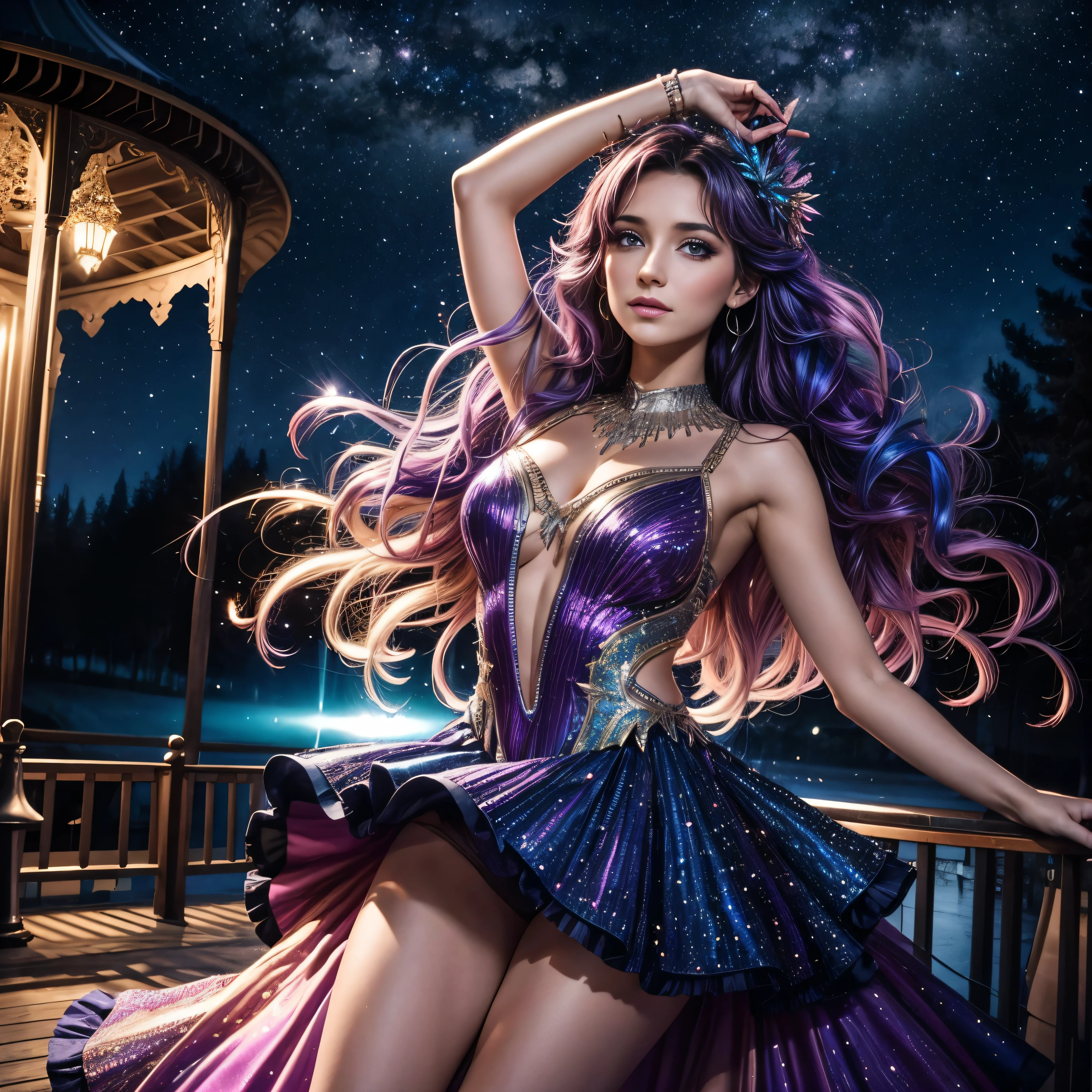 une jeune femme de 25 ans qui danse sous les étoiles, elle est joyeuse et porte une tenue extravagante pleine de couleurs vives, les cheveux dans le vent, jeux de lumière magnifique, visuel pour une pochette de cd, ambiance musique techno, foret magique, pose de danseuse étoiles, arbres géants avec pleins de couleurs vive, la nuit féerique