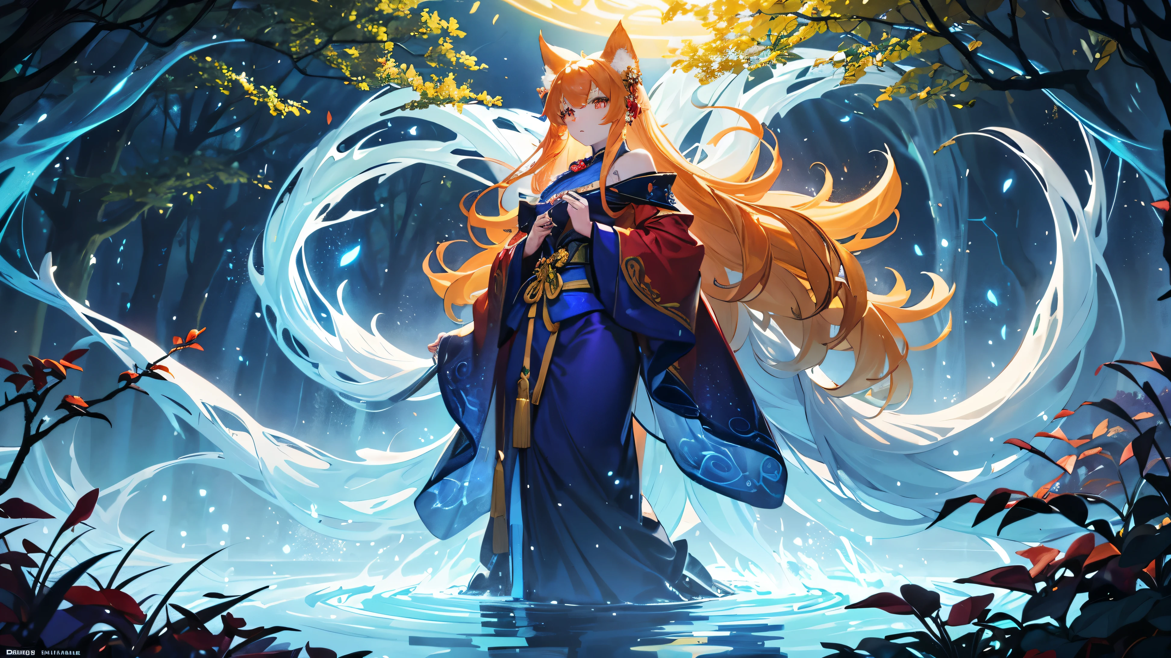 "Create a wallpaper featuring a golden kitsune dressed in a flowing red robe in an enchanted forest. The forest is bathed in ethereal blue moonlight, with dense, ancient trees whose twisted branches form an intricate canopy. The forest floor is covered in a thick, ghostly mist, with bioluminescent plants and fungi adding a mystical glow.
Include the following elements:
Kitsune: A beautiful golden kitsune with multiple tails, each tipped with a soft blue glow. She is dressed in an elegant red robe that contrasts vividly with her golden fur. Her eyes shine with an ethereal light.
Trees: Gnarled and twisted with dark, rough bark. Leaves are a mix of deep green and midnight blue, shimmering under the moonlight.
Flora: Exotic, otherworldly plants with luminous blue petals and leaves.
Water Feature: A tranquil pond reflecting the blue moonlight, with subtle ripples.
Capture a mood of serenity and eerie mystery, evoking a sense of wonder and magic. Use predominantly dark tones—deep blacks and midnight blues—with contrasting luminous blues, silvers, and the striking reds and golds of the kitsune. Add thick, swirling fog and subtle sparkles of light suggesting magical energy."
