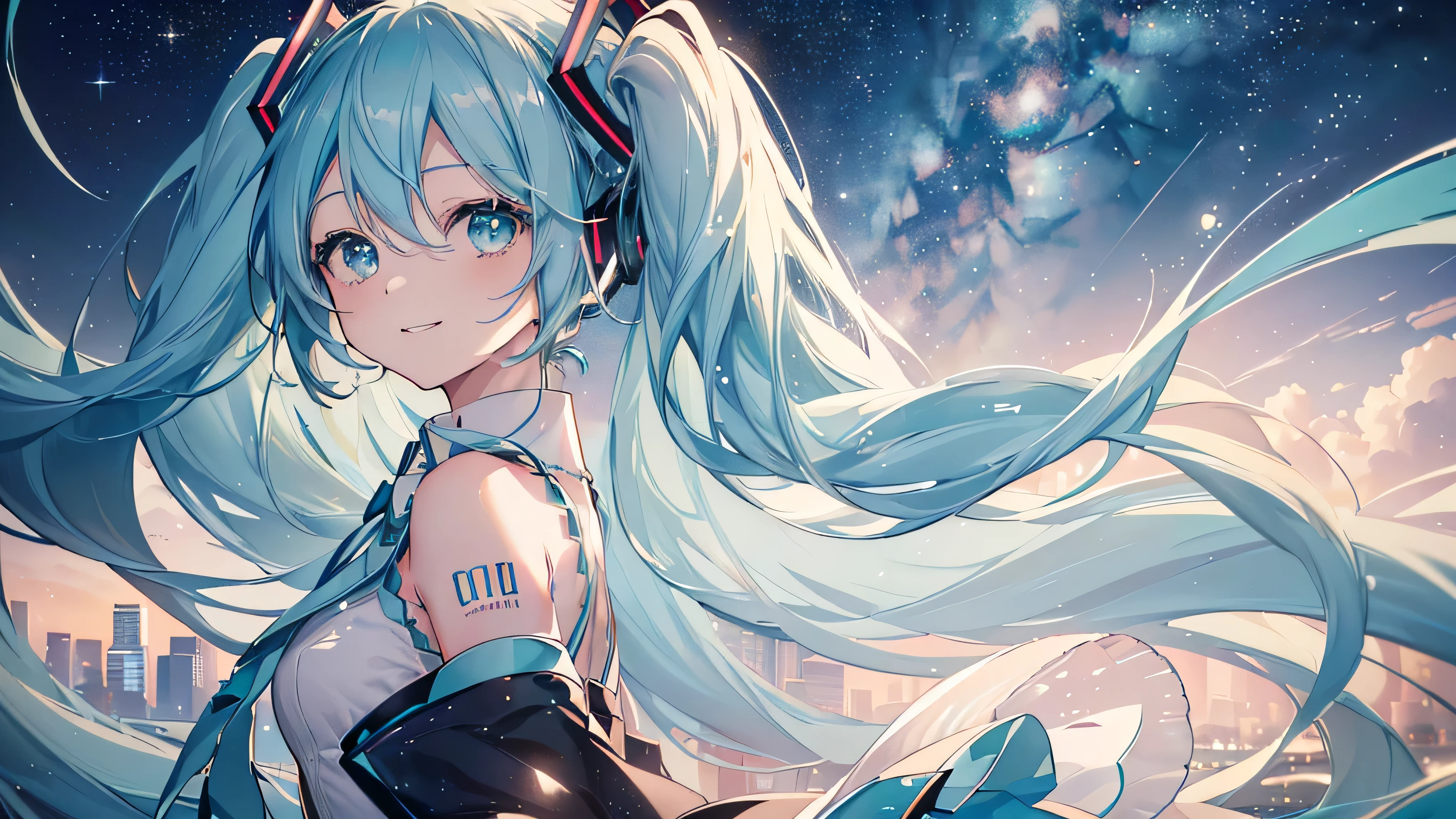 (Starry Sky), ((Beautiful eyes)), (((Hatsune Miku,The best smile))), (((Highest quality、masterpiece、Ultra-fine、Ultra-fine、Exquisite、16K、Full HD,))) 、Long eyelashes、White skin、(thin and long)、 ((cute)) ((One person)),Zoom out