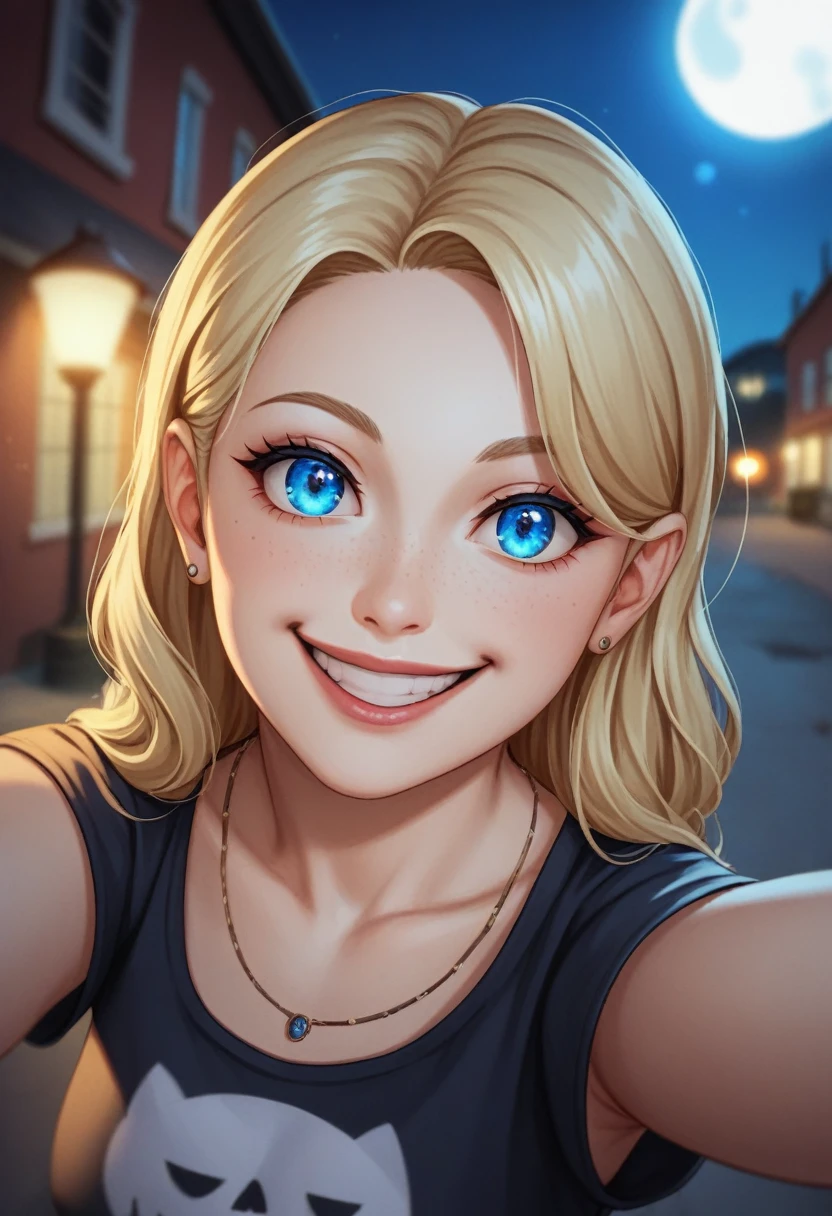 (Selfie, The plan: 1.4), (Right side of the body: 1.4), RAW UHD portrait photo of a 24-year-old blonde European woman (blue-eyed woman) Walking down a dark alley, Halloweencostume, Stadt bei natta, (rock), (The neck), particularities (fabric! , balck hair! , Glitter, color!! , nattaeile: 1.1), Glowing eyes with high level of detail (staring in the camera), SLR lighting, Single-lens reflex camera, Ultra quality, Sharpness, depth of field, film grain (milieu), Fujifilm XT3, clearly, Frame center, nice face, keen focus, Street lamp, neon lighting, bokeh (dimly lit), natta, (night sky), Detailed skin pores, oilly skin, sunburn, intricate eye details, whole whole body, tetas grandes, smiled, flirts with the camera, Dressed in a Halloween ghost costume , Halloween Geist, Halloween-Make-up, smile, (Marilyn Monroe:0.2)