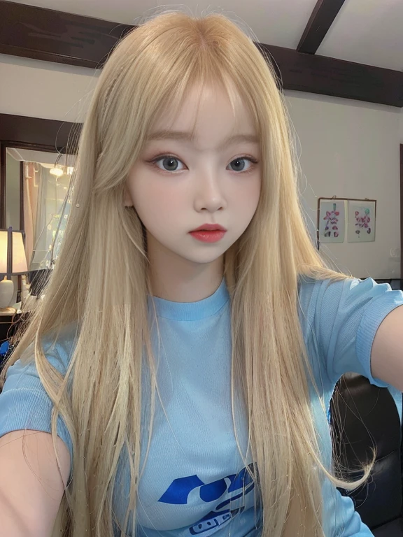 A close-up of a woman with long blonde hair and a blue shirt, roseanne park by blackpink, beautiful south korean woman, korean girl, Beautiful young Korean woman, jennie pink black, Beautiful young Korean woman, young and adorable korean face, Korean face features, pale korean adorable face, heonhwa choe, jaeyeon nam, A girl with blonde hair