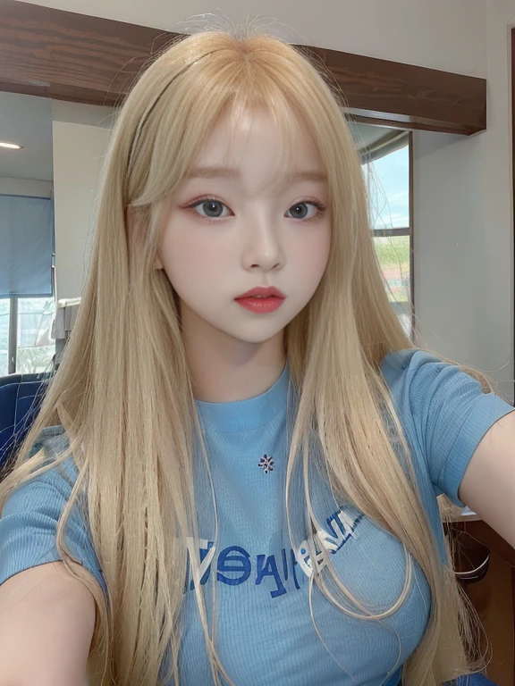 A close-up of a woman with long blonde hair and a blue shirt, roseanne park by blackpink, beautiful south korean woman, korean girl, Beautiful young Korean woman, jennie pink black, Beautiful young Korean woman, young and adorable korean face, Korean face features, pale korean adorable face, heonhwa choe, jaeyeon nam, A girl with blonde hair