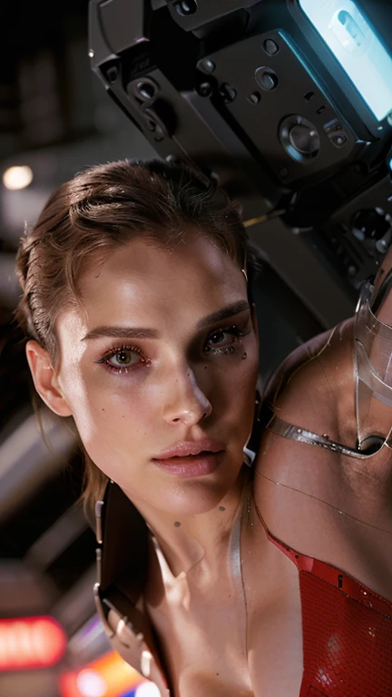 there is a woman holding a big watch in her hand, science fiction woman, science fiction attractive face, Movie still of a cyborg., retrato de una science fiction woman, woman beauty blade runner, Movie still of a cyborg genial., Movie still of a cyborg alienígena., Portrait of Blade Runner Rachael, perfect cyborg woman, Natalie Portman and Star Trek
