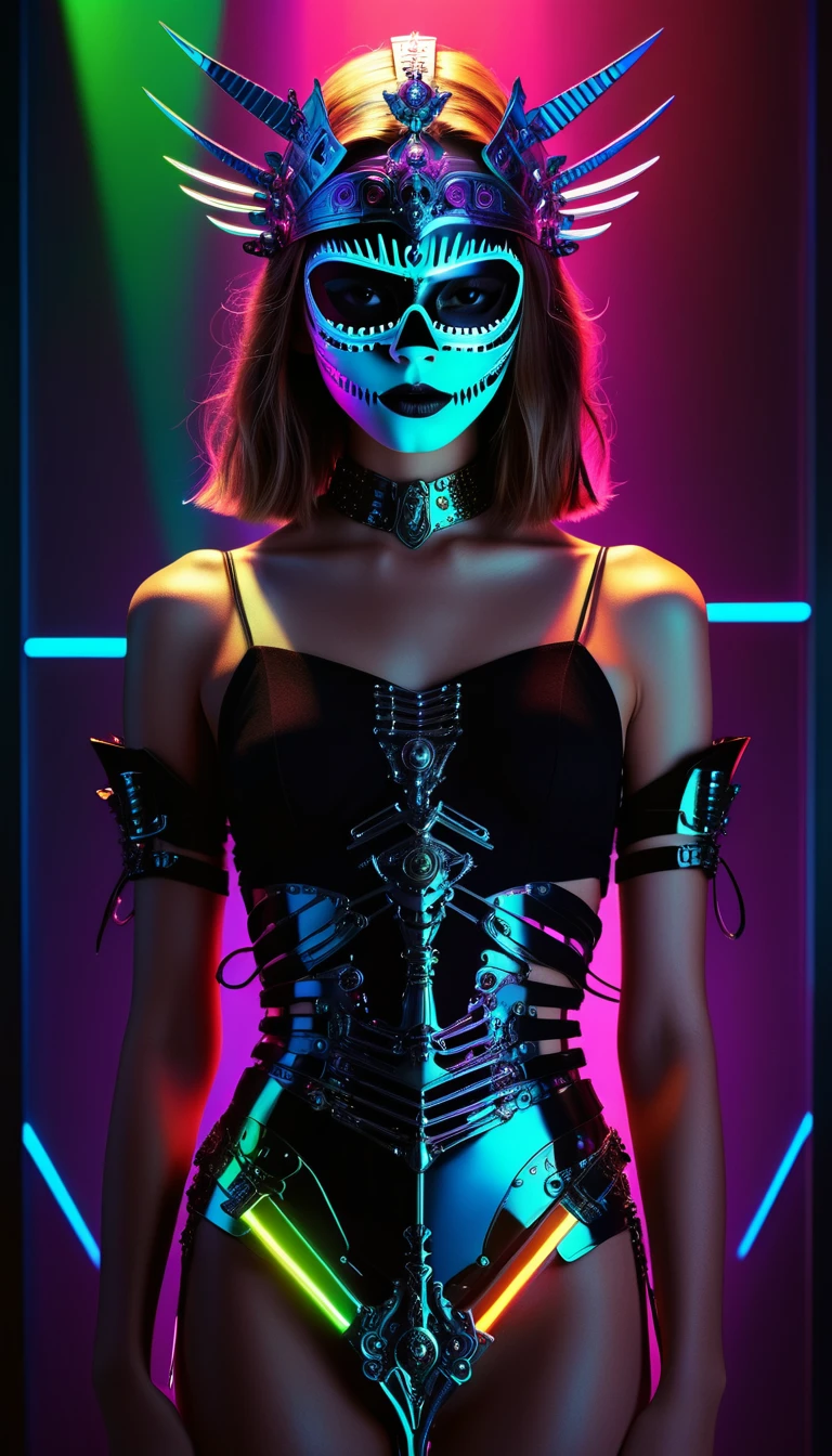 tarot card, chiaroscuro technique on sensual illustration of an queen of sword, a teenage fashion model wearing an exo-skeleton mask, vibrant colors, futuristic cyberpunk style, intricate details, cinematic lighting, dramatic pose, 