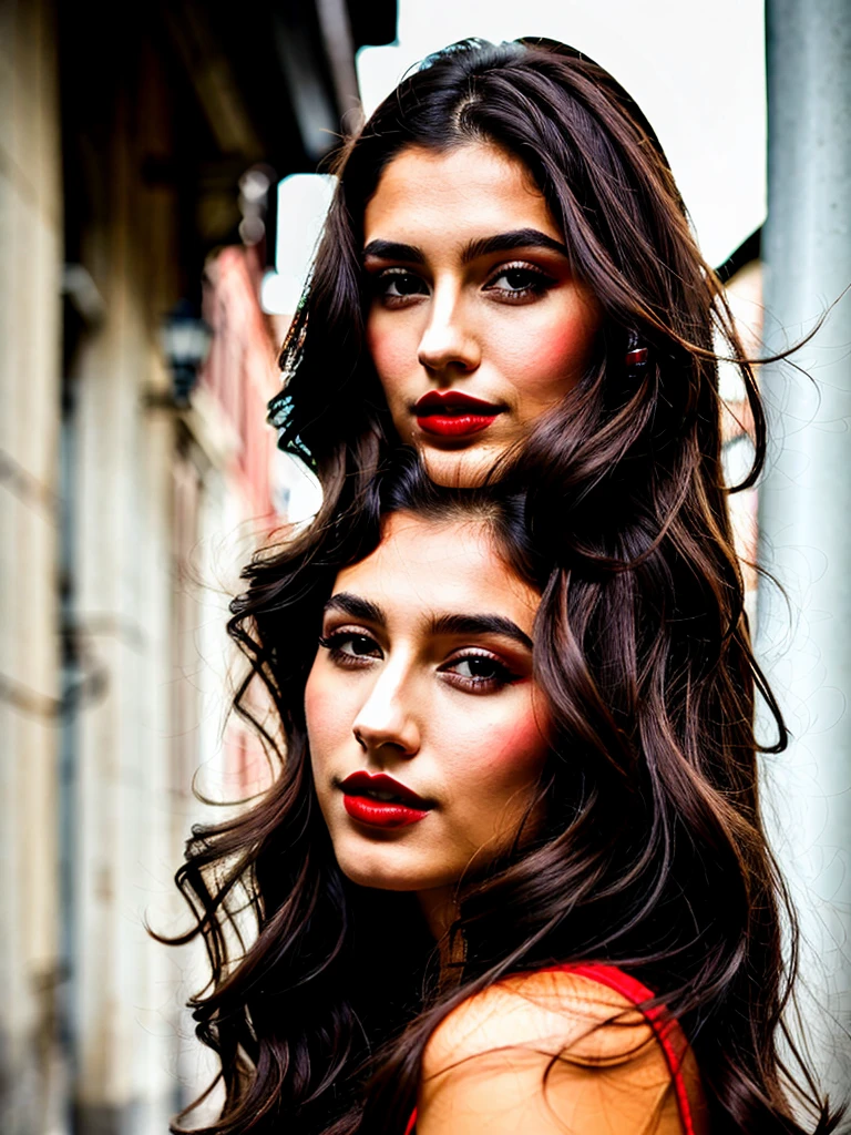 Photoshoot, woman, long dark brown hair, black eyes, red lipstick, ultra realistic