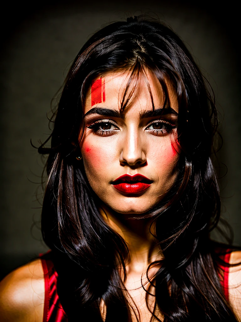 Photoshoot, woman, long dark brown hair, black eyes, red lipstick, ultra realistic