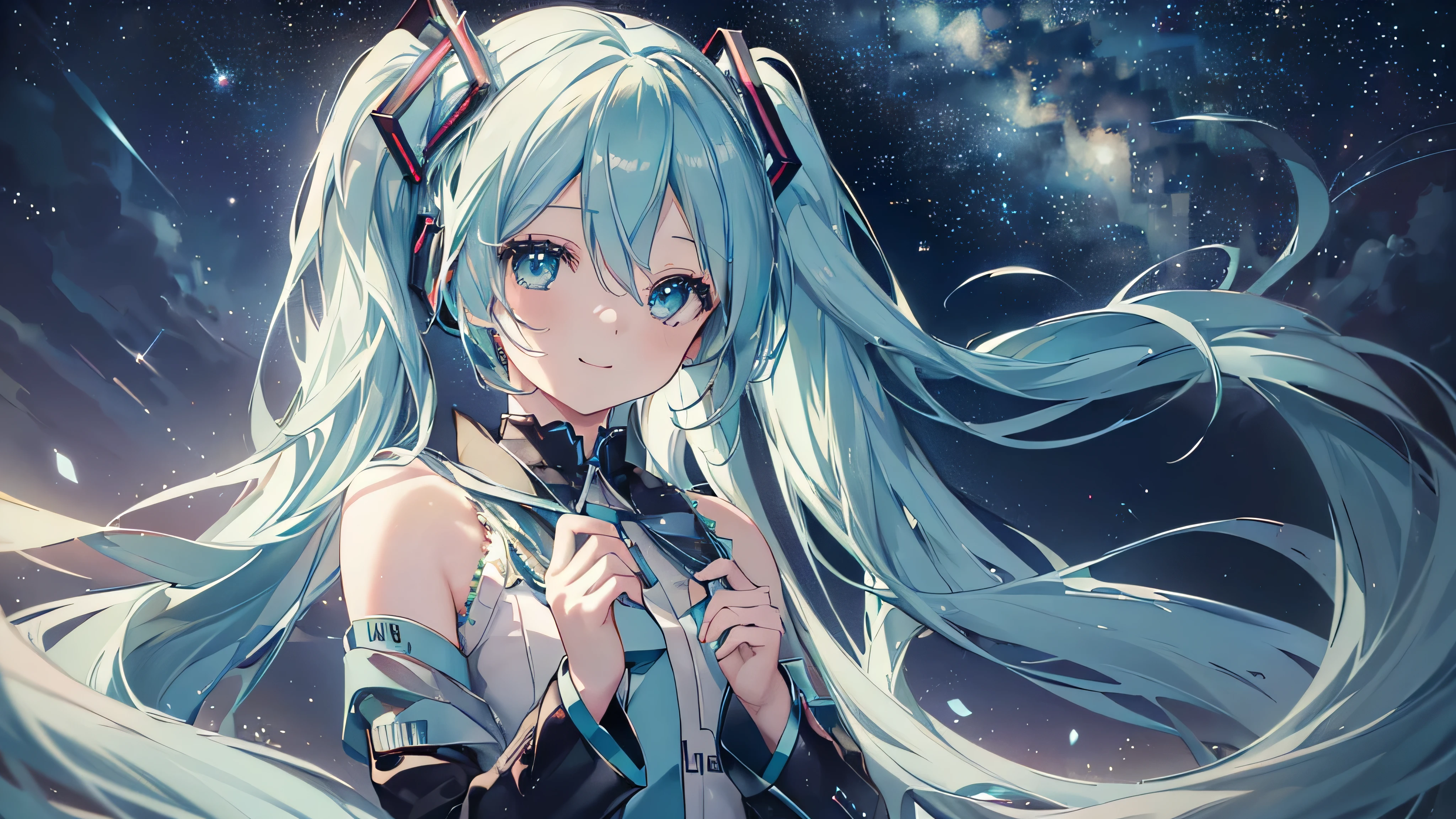 (Starry Sky), ((Beautiful eyes)), (((Hatsune Miku,The best smile))), (((Highest quality、masterpiece、Ultra-fine、Ultra-fine、Exquisite、16K、Full HD,))) 、Long eyelashes、White skin、(thin and long)、 ((cute)) ((One person))