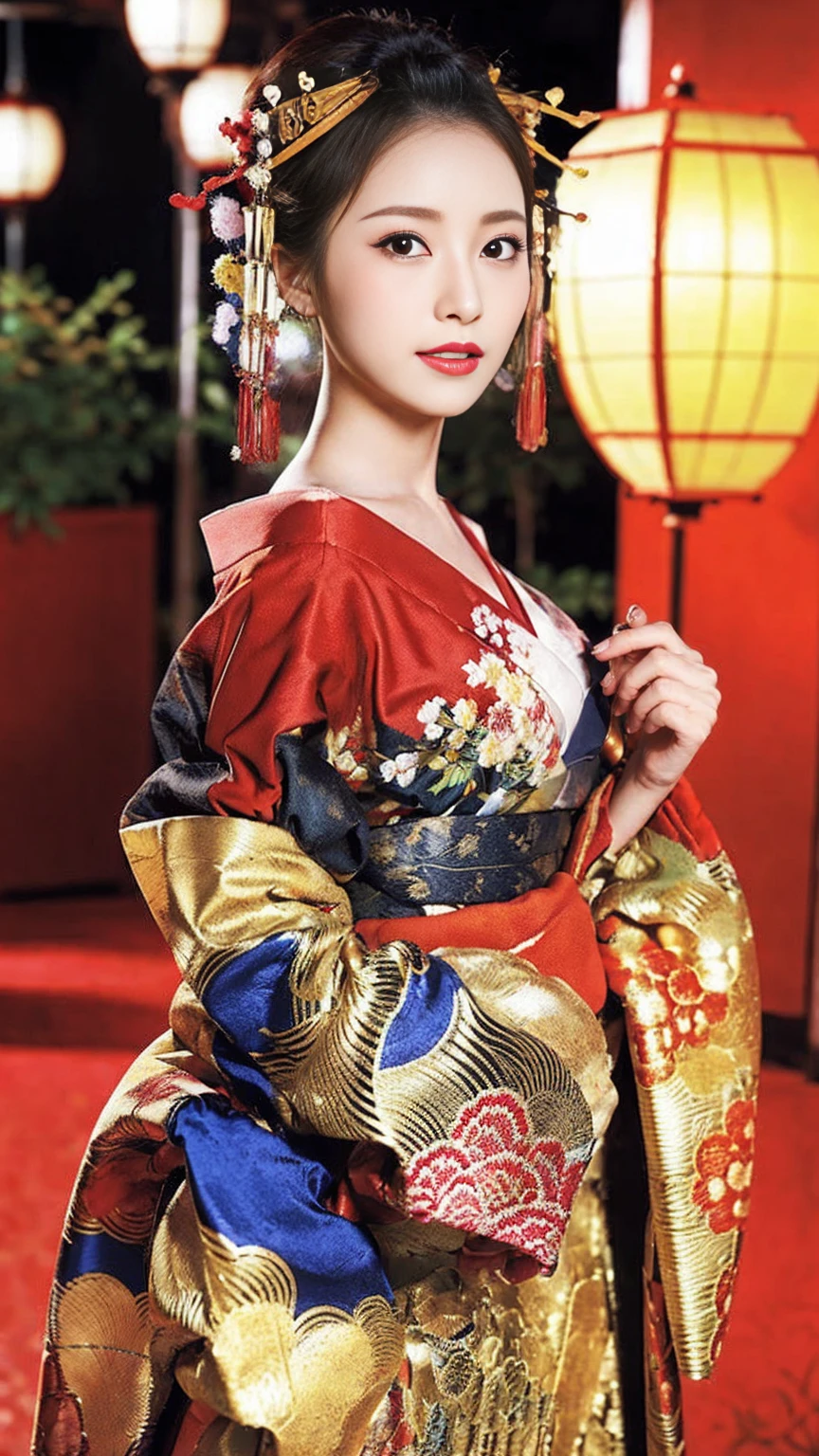 backgroundに夜の古都の街を描き、その手前に大きな胸を持つCourtesan womanを描いてください。
detailed:
1. Courtesan woman:
• Pause: Standing with grace、With a fan in your right hand、The left hand is lightly holding the collar of the kimono。
•expression: Graceful and smiling。
•hairdo: Traditional Japanese hairstyle with gorgeous hairpin(Hairpin)Insert、Wearing gorgeous hair accessories。
• Kimono: She is wearing a gorgeous patterned kimono.、The chest area is slightly emphasized。The kimono is based on a vibrant red cot has golden embroidery。
2. background:
• Streetscape: An ancient city with cobblestone streets。The lanterns are lit、Japanese-style buildings line the eaves。
• Light Effects: The warm light of the lanterns illuminates the surroundings.、In the distance, the full moon shines in the night sky.。月明かりが街とCourtesan womanを柔らかく照らしている。
3. detailedと質感:
• Hair details: Draw each and every hair in detail、Pay attention to the details of hairpins and ornaments。
• Kimonoの質感: Carefully depicting the balance of light and shadow to bring out the texture of silk。Realistic expression of the brilliance of gold thread in embroidery。
• Skin texture: Gives skin transparency、Use shadows to emphasize the three-dimensional effect。
• backgroundのディテール: Texture of buildings and details of cobblestones、提灯の柔らかい光と影のコントラストをdetailedに描写。
4. Overall atmosphere:
• Create elegant and fantastic night scenes。Consider the balance of light and shadow、Please emphasize the three-dimensional effect。
important: Draw the entire illustration in high quality、Focus on realistic detail。