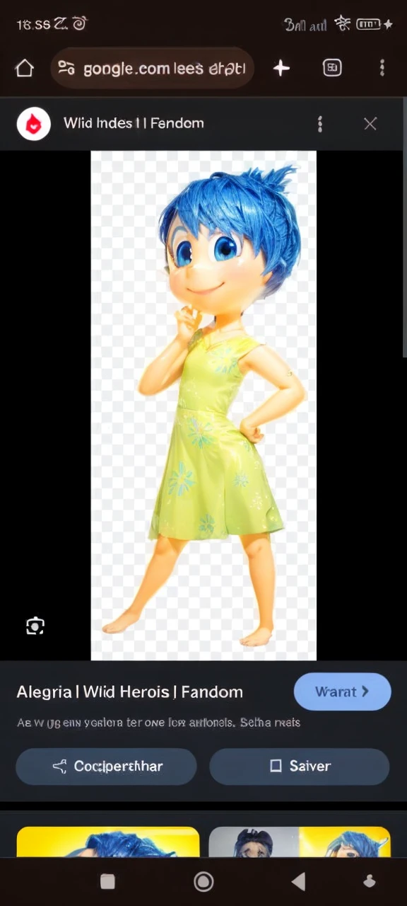 I want her with blue hair and a smile and yellow skin and also with a blue dress I want her with yellow skin and shine like a Disney 3D model I want you to get an idea with this image I sent I want it totally different 