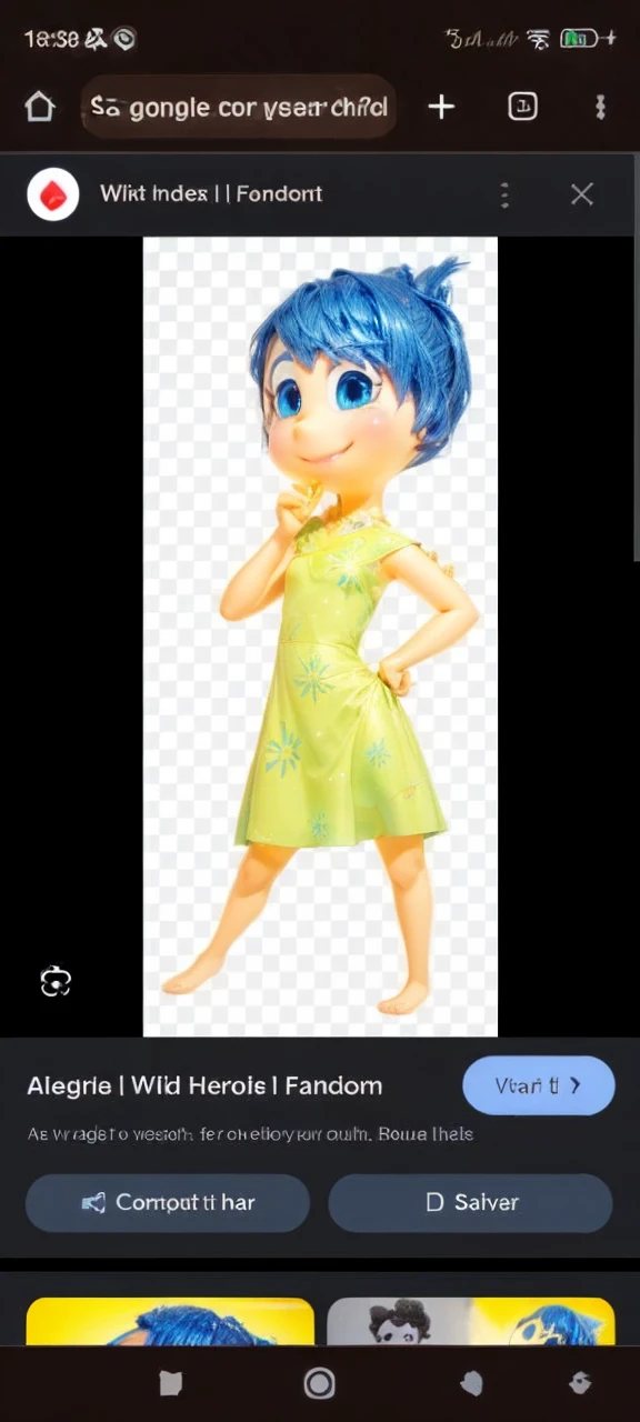 I want her with blue hair and a smile and yellow skin and also with a blue dress I want her with yellow skin and shine like a Disney 3D model I want you to get an idea with this image I sent I want it totally different
