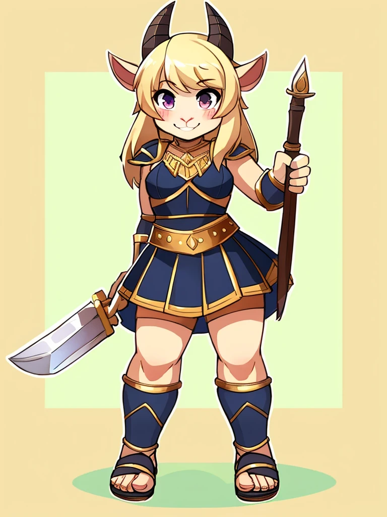 1girl, furry, furry_female, goat_ears, goat_girl, smile, solo, wearing leather armor, gladiator flat leather sandals, gladiator skirt, humanoid feet, holding sword, nosebleed,bloody nose