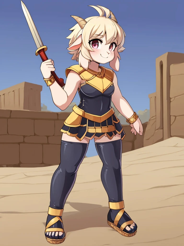 1girl, furry, furry_female, goat_ears, goat_girl, smile, solo, wearing leather armor, gladiator flat leather sandals, gladiator skirt, humanoid feet, holding sword, nosebleed,bloody nose