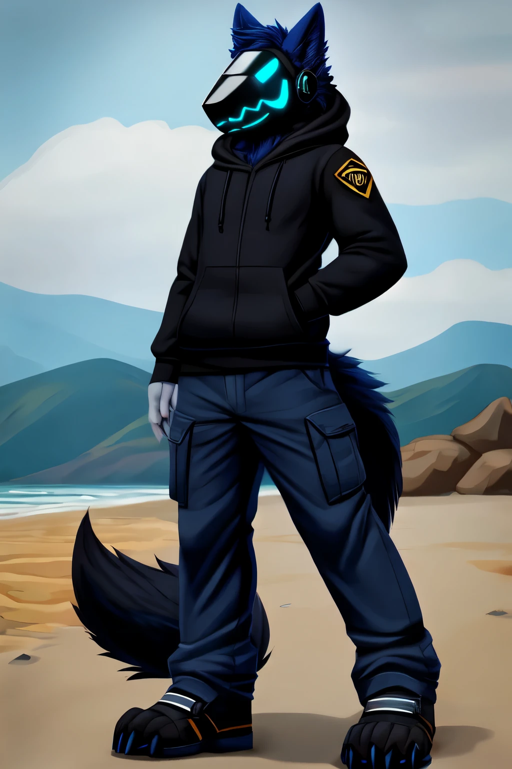 Protogen, furry, anthropomorphic, wolf, white fur, fluffy, tail, black paws, black hoodie, dark blue cargo pants.