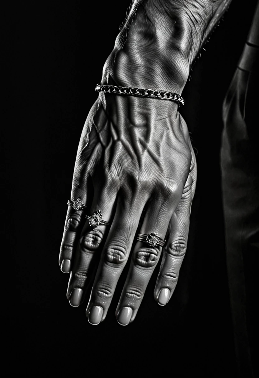 Man hands, jewelry, lovely hands, Masculine hands, ((sexy hands:1.2)), strong hands, (((perfect hands))), veiny hands, aesthetic image, (Realistic masculine hands), monochrome, dark background
