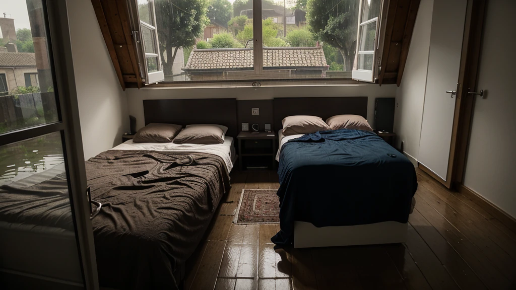 The bedroom next to the canal has a stove. In the middle of the night, it was raining. The window was drizzling with rain.