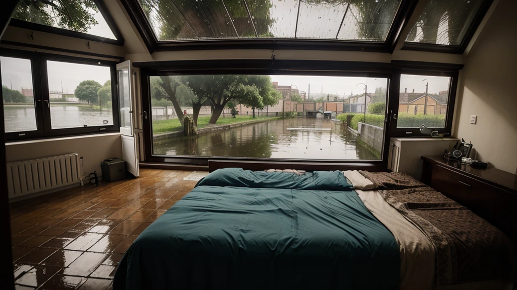 The bedroom next to the canal has a stove. In the middle of the night, it was raining. The window was drizzling with rain.