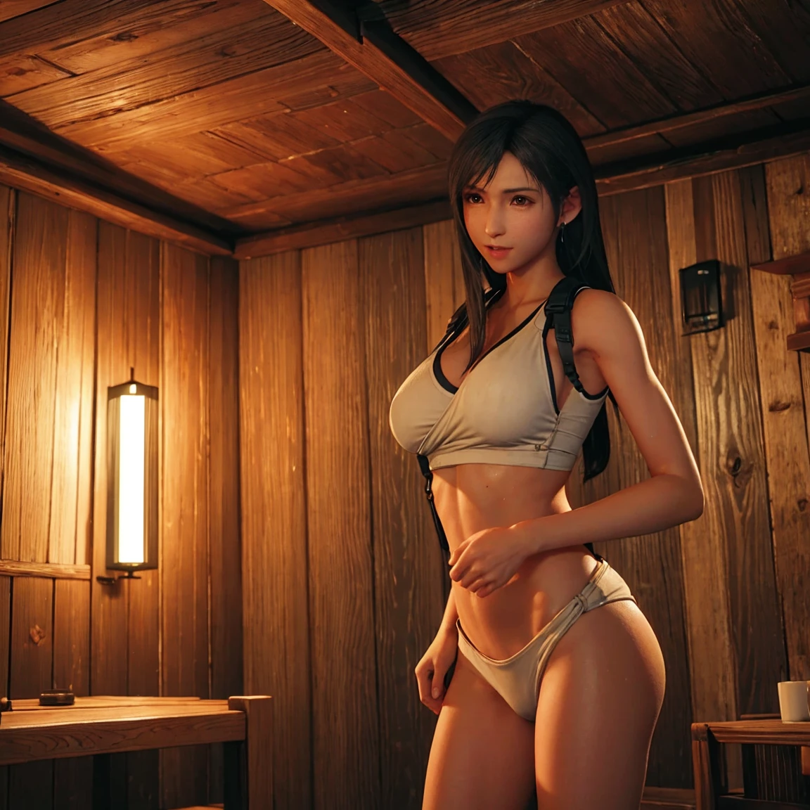Tifa in a sauna, naked, whole body, pose sensual, round ass, big breasts and light brown eyes. 8k, Best Quality, masterpiece 1.2
