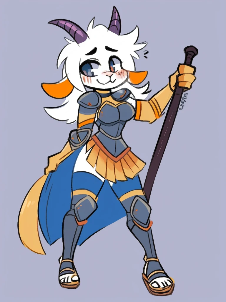 1girl, furry, furry_female, goat_ears, goat_girl, smile, solo, wearing leather armor, gladiator flat leather sandals, gladiator skirt, humanoid feet, holding sword, nosebleed,bloody nose