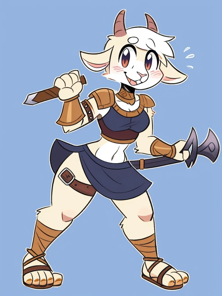 1girl, furry, furry_female, goat_ears, goat_girl, smile, solo, wearing leather armor, gladiator flat leather sandals, gladiator skirt, humanoid feet, holding sword, nosebleed,bloody nose