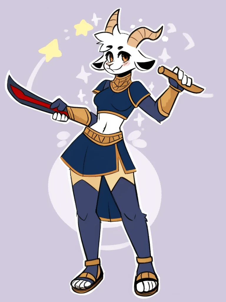1girl, furry, furry_female, goat_ears, goat_girl, smile, solo, wearing leather armor, gladiator flat leather sandals, gladiator skirt, humanoid feet, holding sword, nosebleed,bloody nose