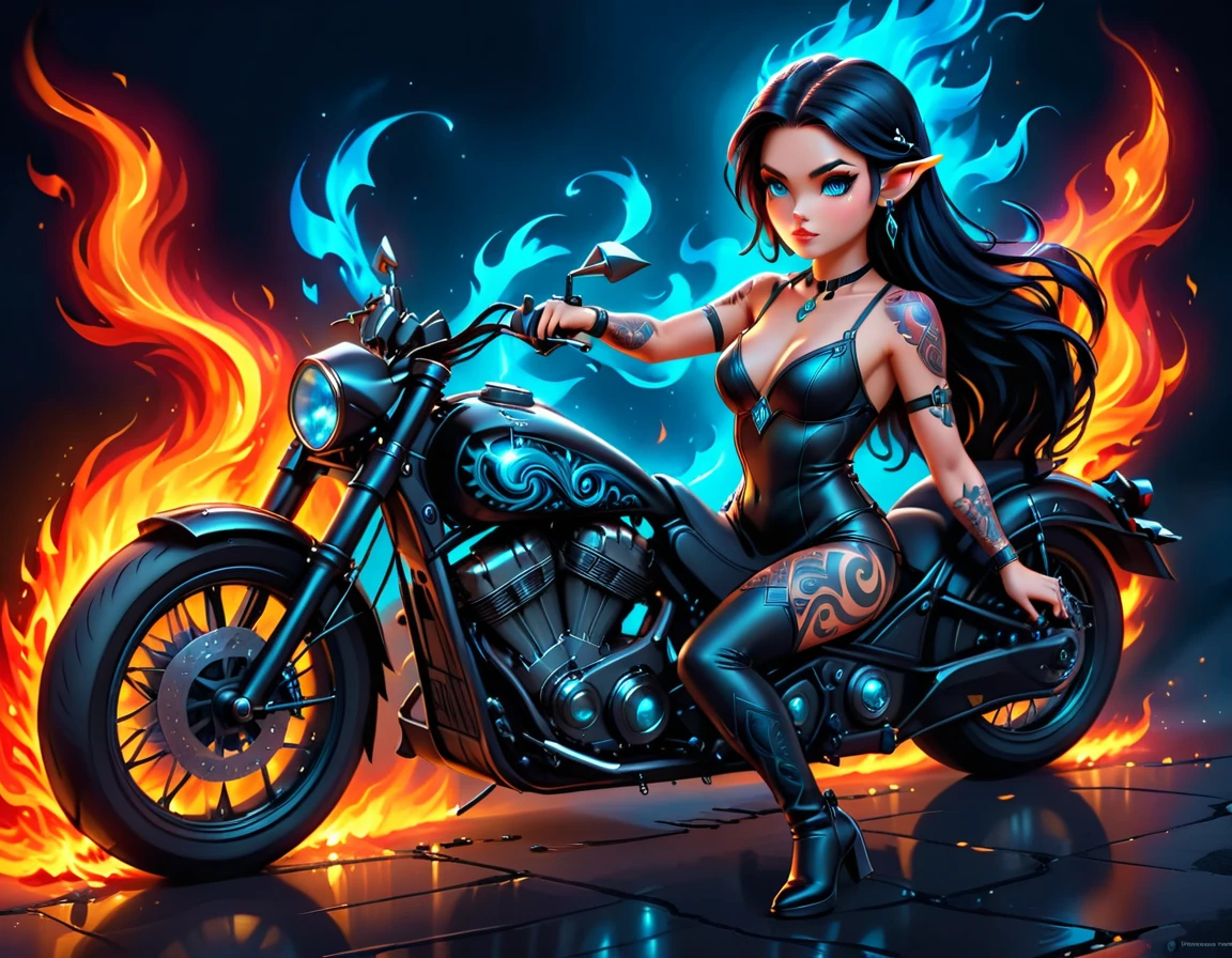 Arafed, Dark fantasy art, fantasy art, goth art, a picture of a of a tattooed female elf near her motorcycle (masterwork, best detailed, ultra detail: 1.5) the tattoo is vivid, intricate detailed coming to life from the ink to real life, GlowingRunesAI_paleblue, ((fire surrounds the motorcycle: 1.5)), ultra feminine, ((beautiful delicate face)), Ultra Detailed Face, small pointed ears, dynamic angle, ((the back is visible: 1.3), she wears a transparent black dress, the dress is elegant, flowing, elven style, that the tattoos glow, dynamic hair color, dynamic hair style, high details, best quality, 16k, [ultra detailed], masterpiece, best quality, (extremely detailed), dynamic angle, full body shot, faize, drkfntasy, Digital Painting, Intense gaze