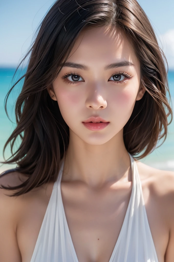 ((Highest quality)),((8K)),(Genuine)、(detailed)、(Beach)、(Bust up shot)、(Big Breasts)、Golden ratio of face to shoulder width、繊細でdetailedな鮮やかな美しい色の衣裳:1.4、Micro Bikini、Halter Neck Bikini、Glossy short bob、Glowing Skin、Japanese、beauty、Looking into the camera、Duck mouth、cute、Hehehe:1.2、Shot with a film camera、RAW shooting、#24、Genuine、フォトGenuine:1.4、Photon Mapping、Physically Based Rendering、Perfect Anatomy、detailedな目、detailedな二重、detailedな咬筋、detailedな鎖骨、Perfect Fingers、Finger Description、(品質 8K)、((White skin))、Avoid mascara、Hair with movement、detailedな毛穴、Natural light、detailedな描写、Blushing、Fine pores、Perfect cleavage、masterpiece、Blushing、Hair with movement、detailedな腹筋、Sparkling、Cowboy Pose、sexy、detailedな脇の下、(Big Breasts)、face closeup 、(Upper Body)、detailedな目元、