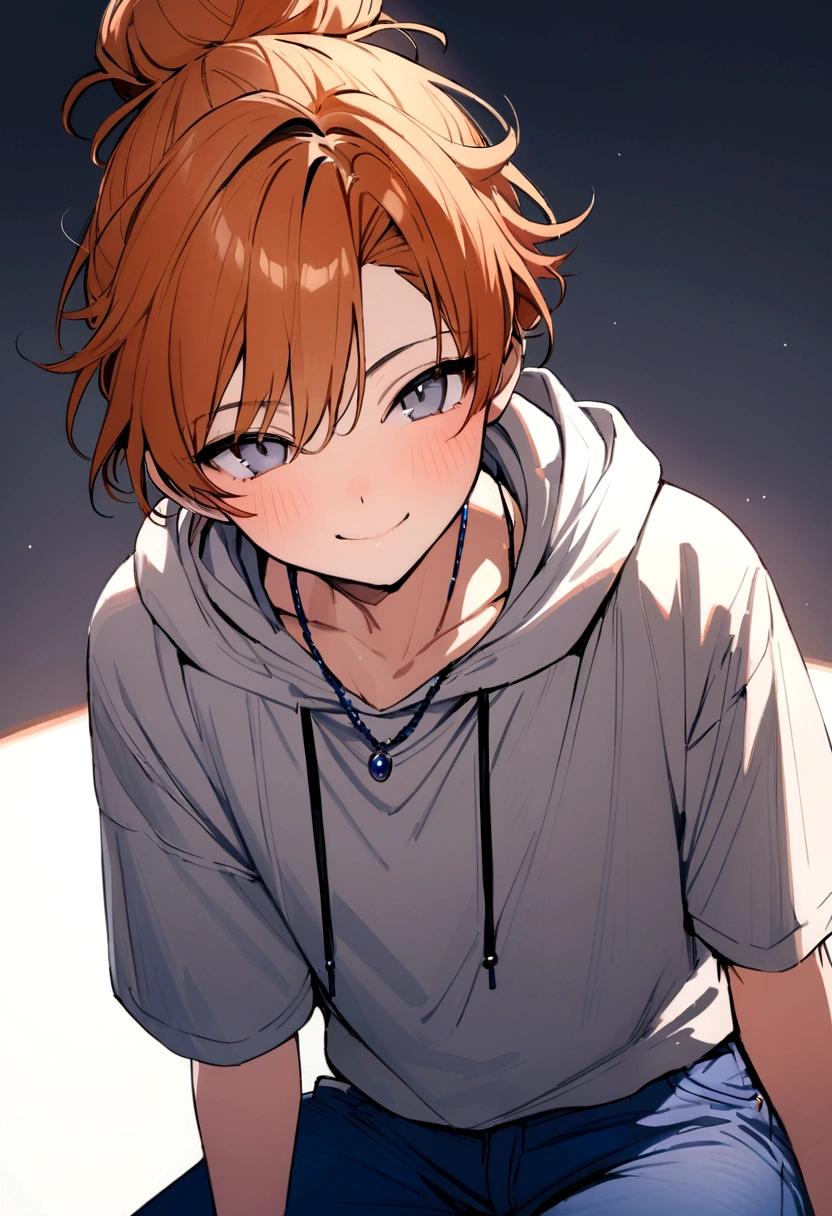 Masterpiece, high quality, 16 year old male, dark orange hair, manbun, grey eyes, grey corduroy hoodie, white t-shirt, blue jeans, deep blue necklace, relaxed smile