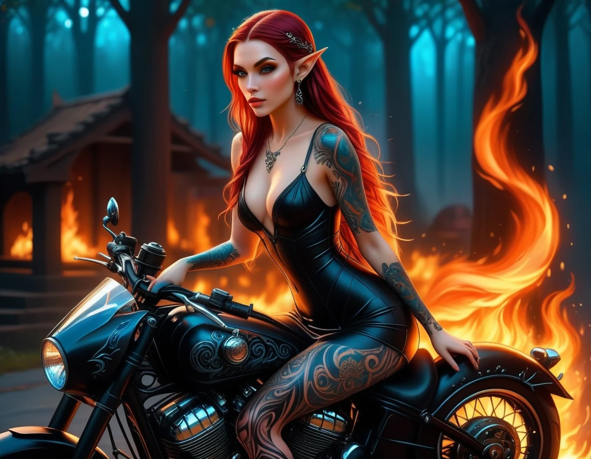Arafed, Dark fantasy art, fantasy art, goth art, a picture of a of a tattooed female elf near her motorcycle (masterwork, best detailed, ultra detail: 1.5) the tattoo is vivid, intricate detailed coming to life from the ink to real life, GlowingRunesAI_paleblue, ((fire surrounds the motorcycle: 1.5)), ultra feminine, ((beautiful delicate face)), Ultra Detailed Face, small pointed ears, dynamic angle, ((the back is visible: 1.3), she wears a transparent black dress, the dress is elegant, flowing, elven style, that the tattoos glow, dynamic hair color, dynamic hair style, high details, best quality, 16k, [ultra detailed], masterpiece, best quality, (extremely detailed), dynamic angle, full body shot, faize, drkfntasy, Digital Painting, Intense gaze
