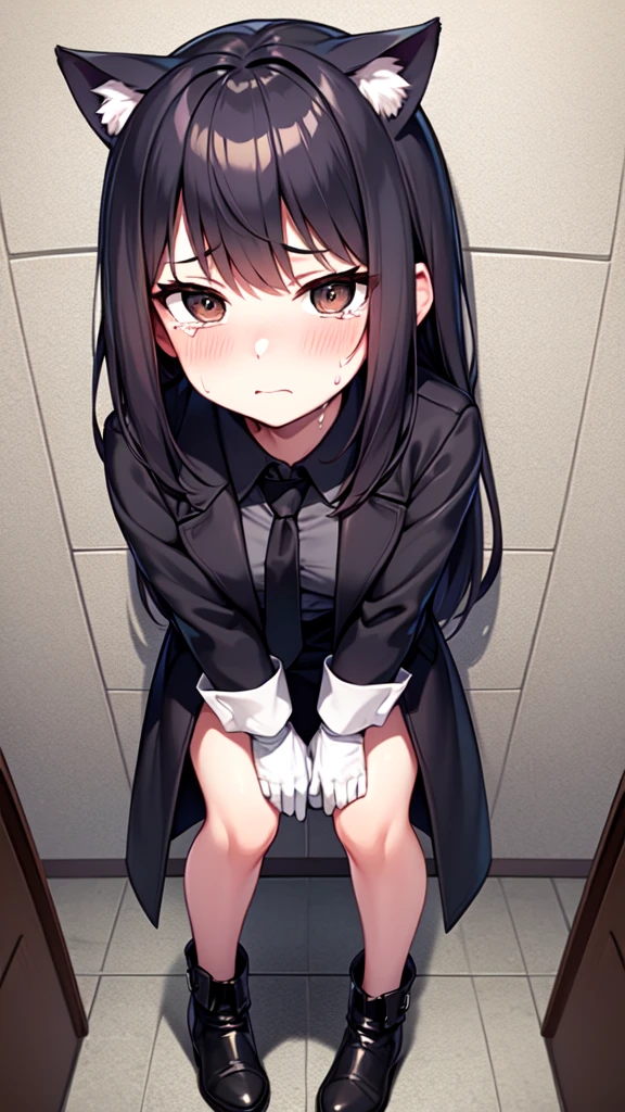 18-year-old girl，cute，Wear a white long-sleeved shirt and a black jacket and a black work tie，Wear black trousers，Wear black booties，Wear white gloves，wear cat ear，Wearing a collar，Black hair，Black eyes，Very thin waist，Very thin legs，Handsome，Disdainful and cold expression，shy，blush，scared，Sweating，tired，Outflow semen，Is giving sexual assault，pornography，crying，porn action