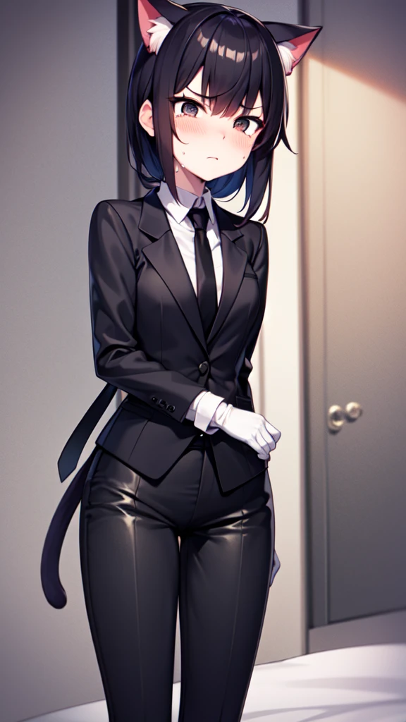 18-year-old girl，cute，Wear a white long-sleeved shirt and a black jacket and a black work tie，Wear black trousers，Wear black booties，Wear white gloves，wear cat ear，Wearing a collar，Black hair，Black eyes，Very thin waist，Very thin legs，Handsome，Disdainful and cold expression，shy，blush，scared，Sweating，tired，Outflow semen，Is giving sexual assault，pornography，crying，porn action