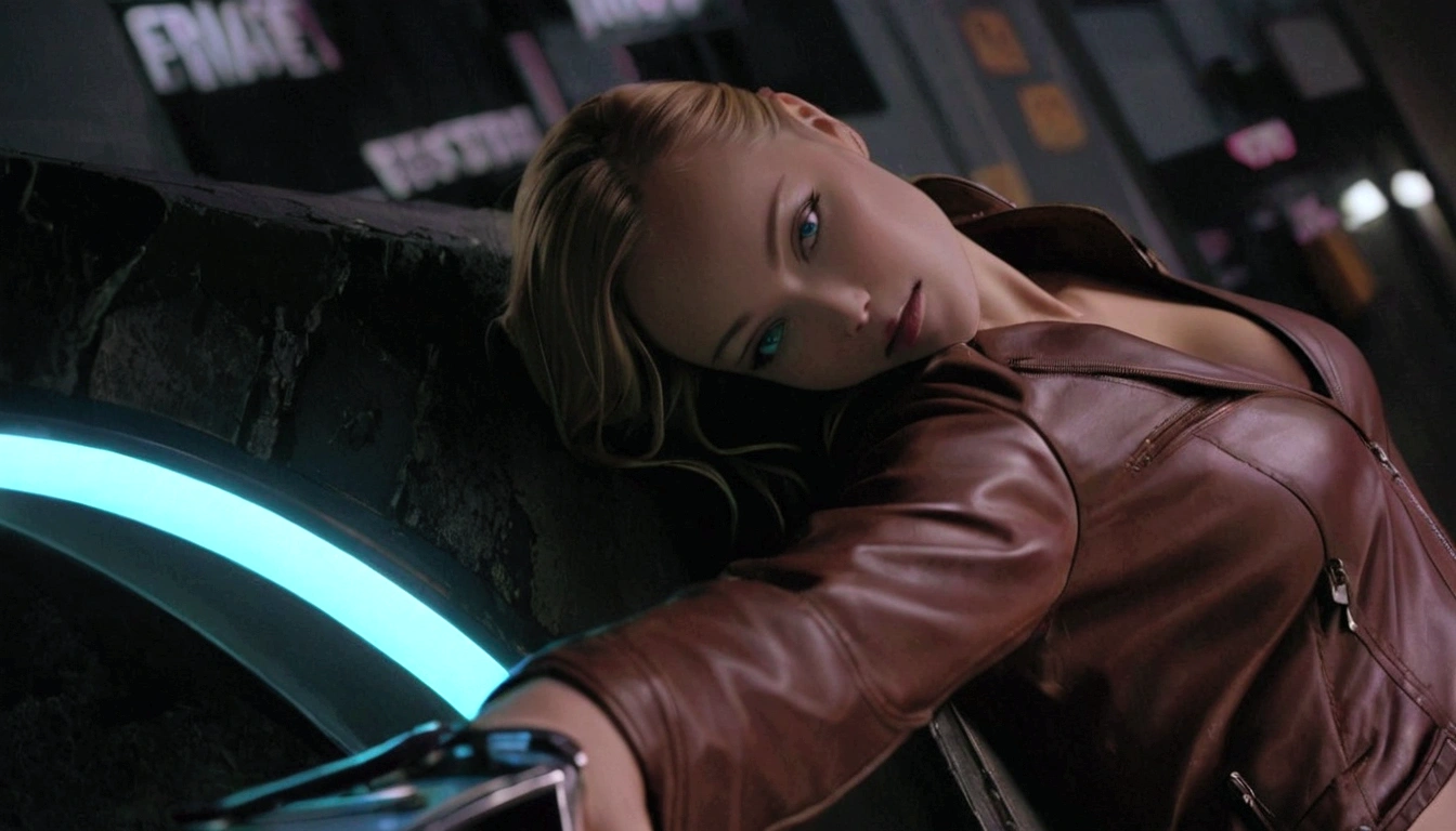 Blonde woman in leather jacket leaning against a wall with a neon light, Kristanna Loken, doom beautiful face,