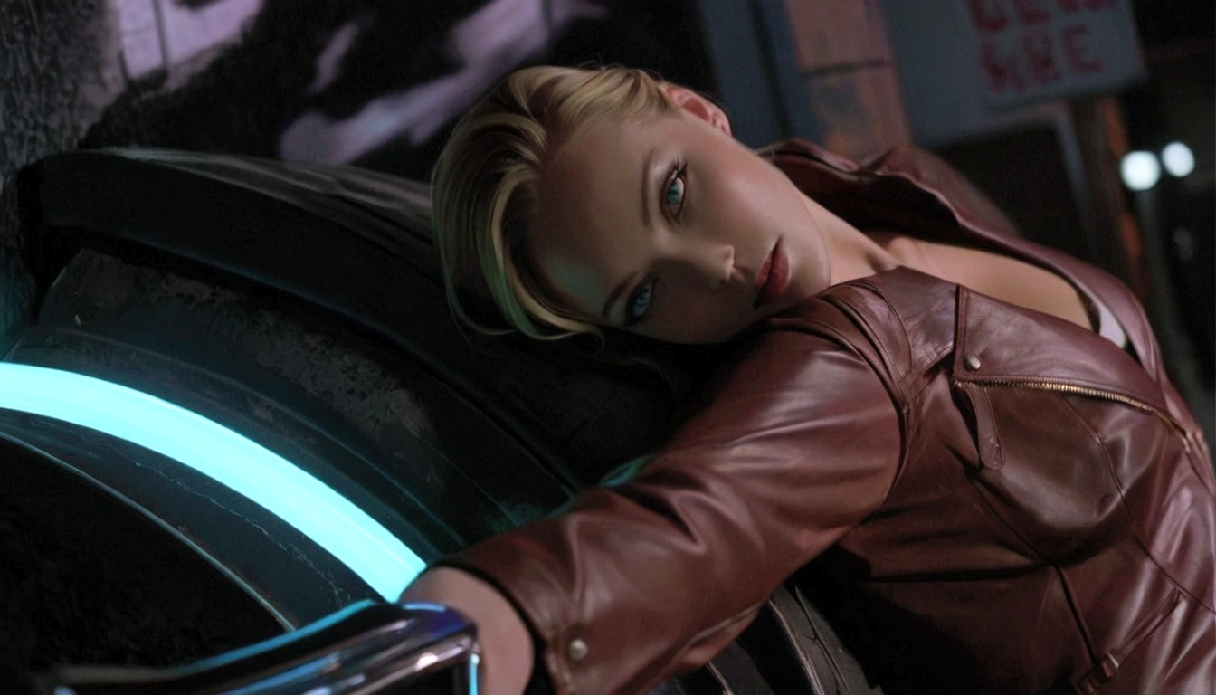 Blonde woman in leather jacket leaning against a wall with a neon light, Kristanna Loken, doom beautiful face,