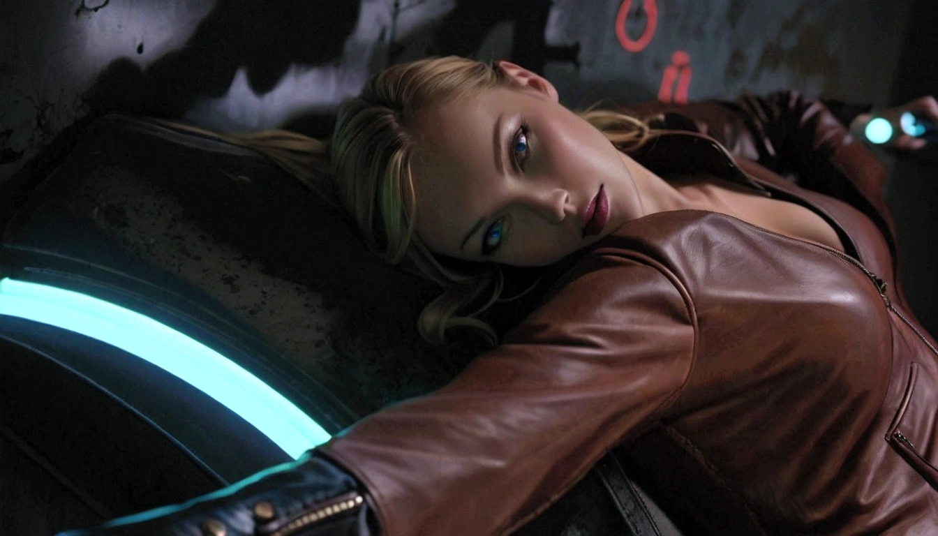 Blonde woman in leather jacket leaning against a wall with a neon light, Kristanna Loken, doom beautiful face,