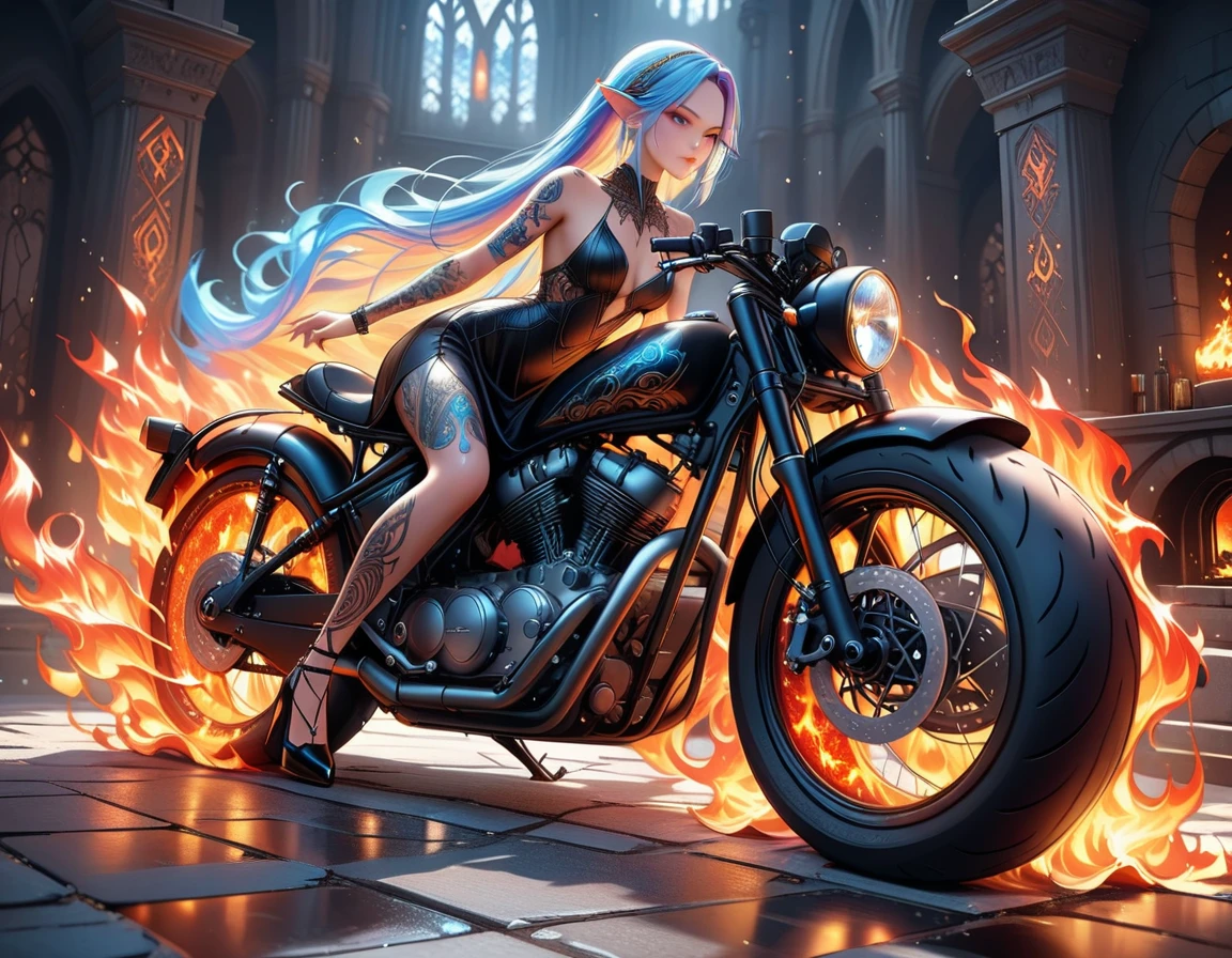 Arafed, Dark fantasy art, fantasy art, goth art, a picture of a of a tattooed female elf near her motorcycle (masterwork, best detailed, ultra detail: 1.5) the tattoo is vivid, intricate detailed coming to life from the ink to real life, GlowingRunesAI_paleblue, ((fire surrounds the motorcycle: 1.5)), ultra feminine, ((beautiful delicate face)), Ultra Detailed Face, small pointed ears, dynamic angle, ((the back is visible: 1.3), she wears a transparent black dress, the dress is elegant, flowing, elven style, that the tattoos glow, dynamic hair color, dynamic hair style, high details, best quality, 16k, [ultra detailed], masterpiece, best quality, (extremely detailed), dynamic angle, full body shot, faize, drkfntasy, Digital Painting, Intense gaze