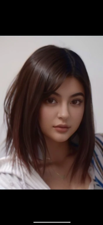 Create an image of a young woman who is half Japanese and half French。He is about 20 years old.、Height is about 160 cm。She has features reminiscent of Kylie Jenner、For example, fuller lips and a sharper jawline.。Her body type is similar to Kylie Jenner's、Curvy and well defined。Hair is a trendy color(Dark brown with subtle highlights)It is styled to。She is wearing a black and white bikini。The background is a hotel with a pool