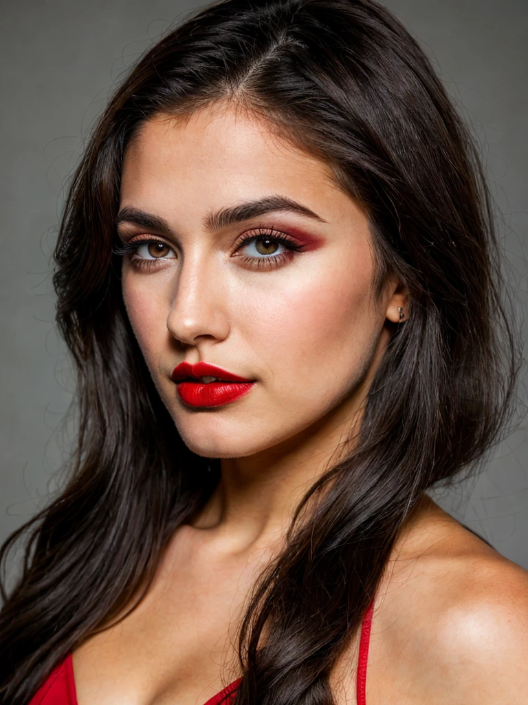 Photoshoot, woman, long dark brown hair, black eyes, red lipstick, ultra realistic