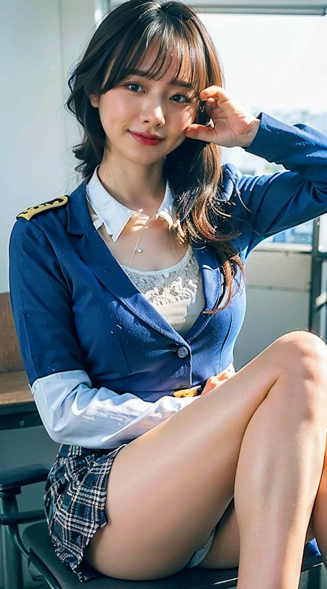 (Highest quality),8K,(masterpiece:1.3),(1 Girl:1.3),Perfect figureの美しい女性:1.4, (Layered Hairstyles, Big Breasts:1.33), ((Viewer Display)), (Big smile:1.1),Realistic,High resolution,Highly detailed face and skin texture, Realistic faces, Original photo, ((Beautiful Face:1.5)) ,Cute Korean Girl, K-POPアイドル,Perfect figure,Skin whitening, Shiny skin, ((Tight waist:1.4)), (Small Ass), (very slim and muscular body:1.2), ((Highly detailed face)),Attention to detail,double eyelid,Eyeshadow Enhancement,Attention to detail,Professional Lighting,Cinema Lighting, (Sharpen the focus(( A female student sitting at a desk with her legs spread in a classroom)),Attractive eyes,Heartwarming action,Please turn away from the camera,Bent over,bend over,Turn back,Look up your head,Thick and long black hair,Highly detailed body,Highly detailed face,Highest quality、(P iNK Underwear),(high school girl),((White blazer、Chest emblem))、((Translucent blouse)),,((Navy Check Flared Skirt)),(Black Stockings)、((White lace panties are visible))